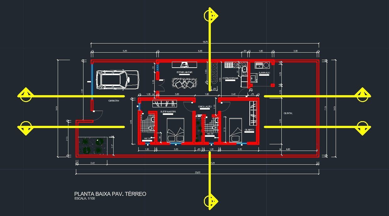 Planta baixa de residência unifamiliar em CAD escala 1/100 com setorização e cotas