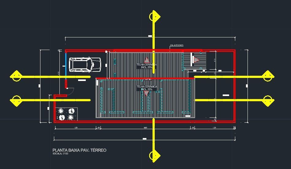 Planta de cobertura com telha cerâmica 25%, calha em zinco, platibanda e cotas