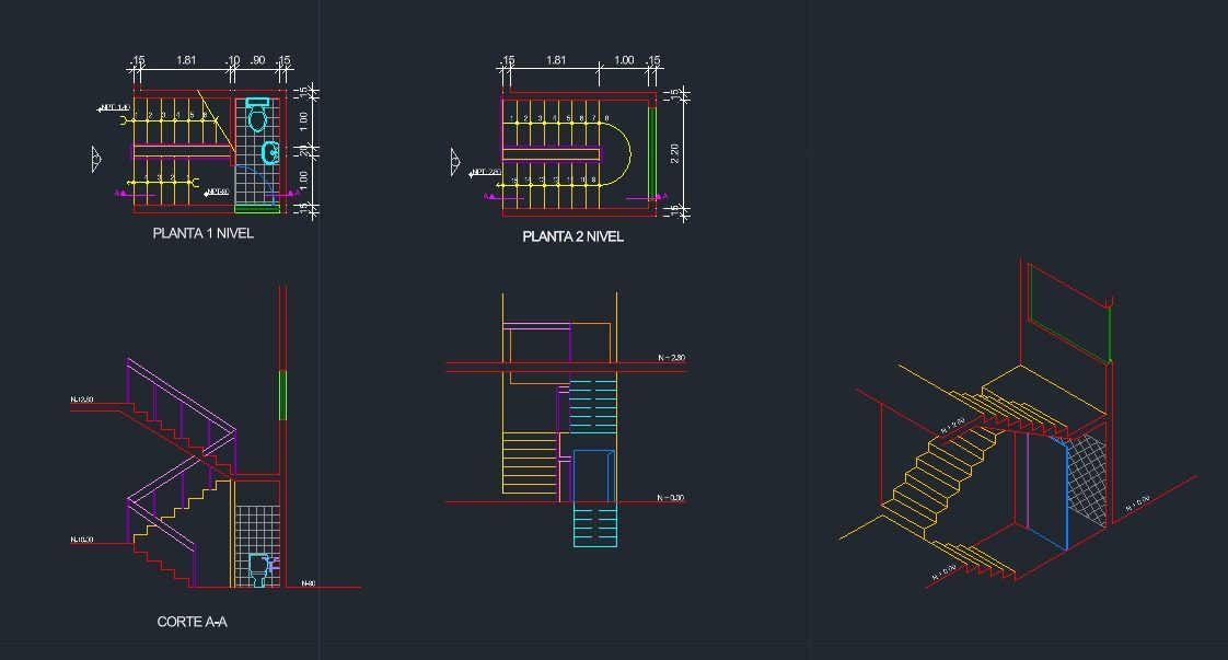 Dimensionamento de escada com plantas dos dois níveis, corte AA e perspectiva isométrica