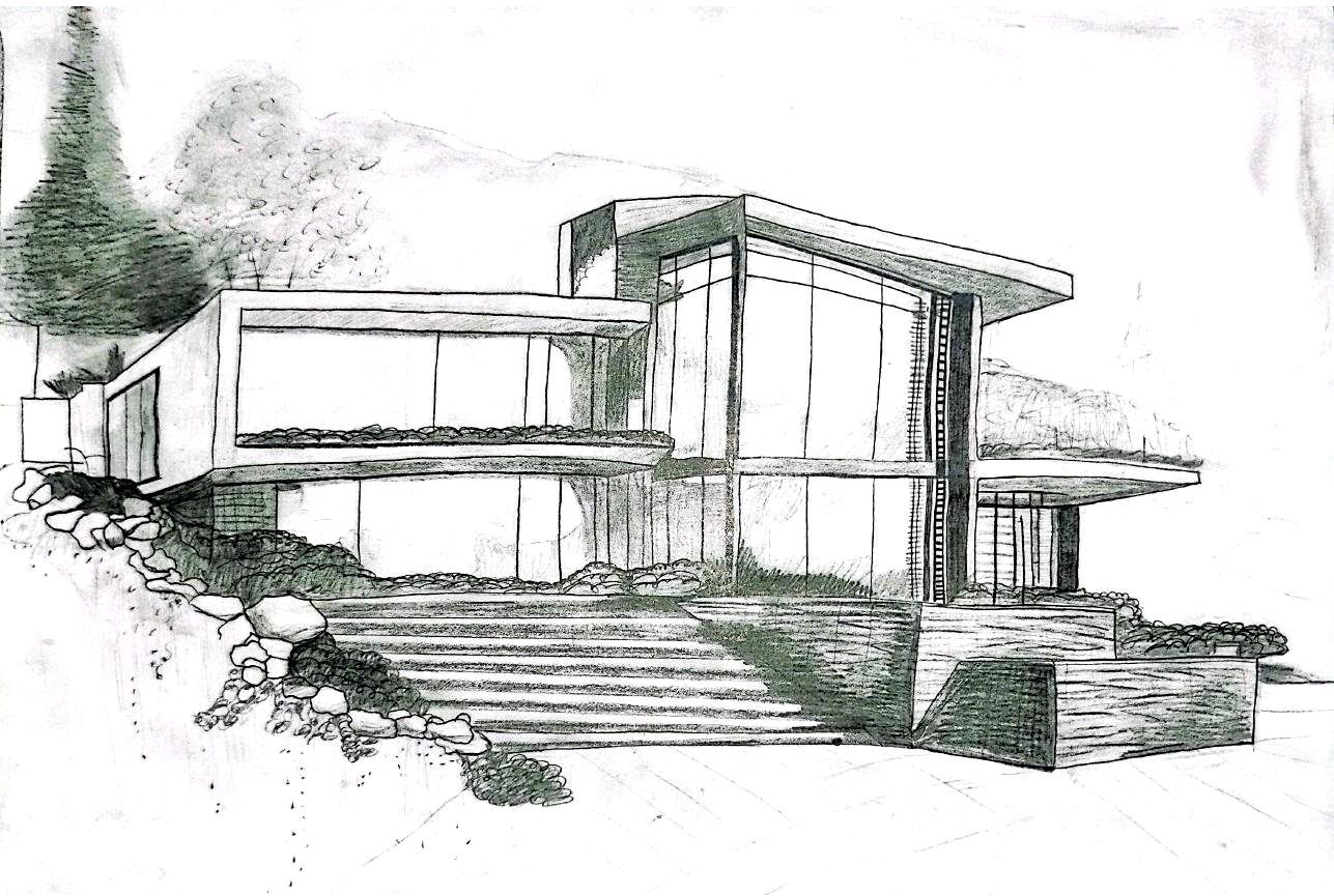 Perspectiva externa em lápis de residência contemporânea com fachada em vidro